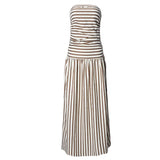 Daiiibabyyy  Casual Street Vacation Style Strapless Stretchable Long Dress Summer Fashion Stripes Printing Ruched Comfort Retro Sundress