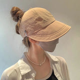 Daiiibabyyy Foldable Wide Brim Ponytail Sun Hat Drawstring Adjustable Cap  Summer Quick-dry Visor Fisherman CapFor Women Beach Hat