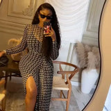 Daiiibabyyy  Elegant Party Dress for Woman Evening Knit Long Dress High Neck Sheer Mesh Maxi Dress Side Slit Wrap Waist Black And White