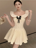 DAIIIBABYYY  -  French Court Style Apricot Flower Mini Dress Fashion Slash Neck Ballet Strapless Pleated A Line Dress Off Shoulder Party Dress