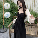 Daiiibabyyy  Korean Women Black Spaghetti Strap Dress Summer Sexy Backless Slim Dress French Hepburn Style Fashon Preppy Party Vestidos
