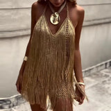 Daiiibabyyy  Sexy Backless A-line Dresses Tassel Slim Fit Summer Women's Evening Dress Elegant Sleeveless Hollowed Out Club Short Dress
