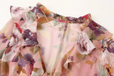 Daiiibabyyy  Ruffles V neck Floral Print Chiffon Full Sleeve Dress Woman Ball Tassel Lacing up Bow Waist Mini Summer Dresses Femme Robe