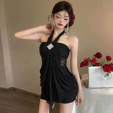 Daiiibabyyy  Pure and Unique Halter Neck Strapless Dress Nightclub Mesh Makes You Look Thin