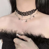 Daiiibabyyy  New Lace Cross Pendant Necklace for Women Punk Metal Butterfly Tassel Choker Necklace Y2K Halloween Jewelry Accessories ﻿