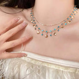 DAIIIBABYYY  -  2024 Fashion Blue Zircon Double Layered Shell Pendant Necklace for Women Exquisite Crystal Tassel Necklace Wedding Jewelry Gifts