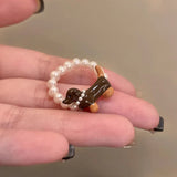 Daiiibabyyy  Sausage Dog Pearl Ring Girl Cartoon Cute Luxury High-end Index Finger Ring Niche Funny Creative Stacking Jewelry Accessories