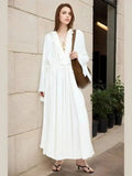 Daiiibabyyy  Elegant White Loose Guaze Long Dresses Woman Casual V Neck Flare Full Sleeve Long Robes New Female High Street Office Dress TP2P
