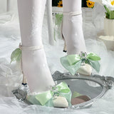 Daiiibabyyy  Mid Heel Shoes Woman Pink Green White Heels Pointed Toe Bridal Heels Lolita Heels Y2K Accessories Bow Pearl Stiletto Women