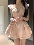 Daiiibabyyy  Kawaii Pink Mini Dress Women Party Cutecore Lace Patchwork Dresses Summer Japanese Fashion Flying Sleeve Bodycon A Line Vestidos