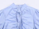 Daiiibabyyy  Light Blue Vintage Blouses Women Stand Collar Tie Neck Ruched Front Puff Short Sleeve Fitted Silhouette Tops Street Wear
