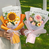 Daiiibabyyy Sunflower Rose Crochet Flower Bouquet Finish Knitted Flowers Artificial Hand Woven Flowers Graduation New Year Gift 꽃다발