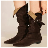 Daiiibabyyy  Vintage Faux Suede Rivet Strap Flod Women Mid-calf Boots Fashion Autumn Winter Low Heeled Chelsea Modern Boots Shoes Botas Mujer