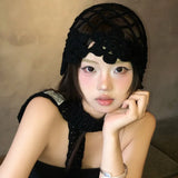 Daiiibabyyy  Korean Handwoven Flower Hollow Pullover Hat Women's Summer Niche Fashion Solid Color Neck Protection Integrated Skull Beanie Cap