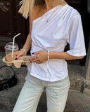 Daiiibabyyy  Women's Solid One Shoulder Asymmetric Blouse Elegant Ruched Bust Minimalist Sleeve Tops Lady Fashion Date Night T-shirt