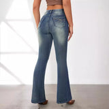 Daiiibabyyy Retro Blue Elastic Jeans Women's High Waist Flare Pants Denim Wide Leg Fashion Slim Fit Denim Flare Pants