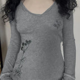 Daiiibabyyy  American Style Vintage Plant Print Basic Long Sleeved T-shirt Women V-neck Slim Fit Base Y2K Spicy Girl Top