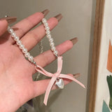 Daiiibabyyy Korean Fashion Y2K Goth Pink Bowknot Heart Pendant Pearl Beaded Clavicle Chain Necklace Women Aesthetic EMO Jewelry Accessories