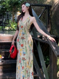 Daiiibabyyy  Vintage Printing Halter Dress Women's Clothing Sleeveless Slim Fit Temperament Vestidos High Waist Fashion Sweet Maxi Dress