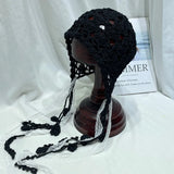 Daiiibabyyy  New Korea Bohemian Hand-woven Hollow Bucket Hats Women's Spring Summer Ins Lace Strap Lolita Hat Fringed Pullover Beanies Panama