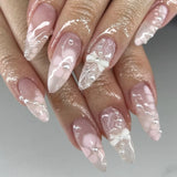 Daiiibabyyy  24Pcs Mid-length Almond Press on False Nails White Gradient Bow Star Love Heart Fake Nails Pearl Reusable Full Cover Nails Tips