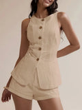 Daiiibabyyy  2 Pieces Set For Woman Shorts Sleeveless Vest Summer Short Pants High Waist Linen Look Capris Two Piece Set Cropped Pants