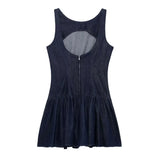 Daiiibabyyy  Sexy O collar Denim Mini Tank Dress Women Backelss Low Waist Lined Ruched Hem Swing Sleeveless Dresses Summer Robe Vestidos