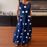 Daiiibabyyy  Elegant High Waist Vacation Dress Leisure Crew Collar Sleeveless Polka Dot Printed Dress Summer Fashion Loose Pleated Maxi Dress
