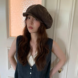 Daiiibabyyy  Korean Version Simple Solid Color Autumn Soft Brim Large Version Cloud Berets Street Versatile Literary Newsboy Cap for Women's