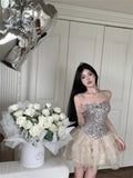 DAIIIBABYYY  -  Women Blingbling Super Mini Birthday Party Dress Summer Strapless Sequined Ruffles Fluffy Organza Ball Gown Princess Short Skirt