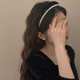 DAIIIBABYYY  -  High-Grade Satin Pearl Headband Korean Retro Double Layer Hair Band Women's Net Red High Skull Top Headband Head Accessories