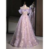 Daiiibabyyy  Light Luxury Pink Purple Evening Dress Women Sweet Pleated Off The Shoulder Flower Applique Prom Gown Sequins A-Line Vestido