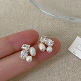 Daiiibabyyy  Exquisite Irregular Square Shinny Zircon Pearl Earrings for Women Light Luxury Sweet Stud Earrings Wedding Jewelry Accessories