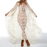 Daiiibabyyy  Elegant Flower Embroidery Hollow Beach Dress Sexy V-neck Batwing Sleeve Solid Long Dress Lady Fashion Loose Sun Protection Dress