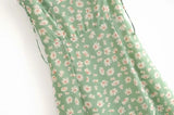 Daiiibabyyy  French Summer Green Flower Print Bandage Spaghetti Strap Slit Long Dress Retro Sexy Women Lacing Up Sling Dresses Vestido
