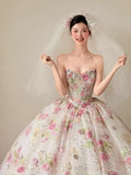 Daiiibabyyy  Vintage Long Wedding Dresses Women Strapless Photos Shoot Princess A-line Wedding Ball Gown 3D Floral Appliques Bridal Gowns
