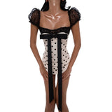 Daiiibabyyy  Polka Dots Print Sheer Mesh Patchwork Bow Ribbon Bodycon Mini Dress Women Elegant Strapless Puff Short Sleeve Party Clubwear