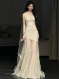 Daiiibabyyy  Luxury Mermaid Evening Dresses Women Sexy Sparkle Mesh Stitching Sequins Strapless Party Dress Lady Special Occasion Prom Gowns