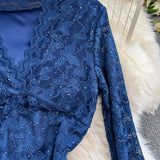 DAIIIBABYYY  -  Elegant Long Flare Sleeves Vintage V-neck Chic Rhinestone Lace Slim A-line Dresses Sexy Party High Street Autumn Winter Clothing