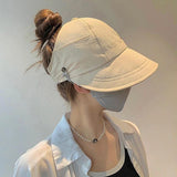 Daiiibabyyy Foldable Wide Brim Ponytail Sun Hat Drawstring Adjustable Cap  Summer Quick-dry Visor Fisherman CapFor Women Beach Hat