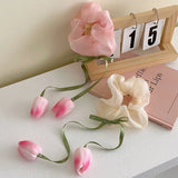 Daiiibabyyy New Tulip Floral Hair Rope for Women Elegant Hairband Bowknot Tassels Elastic Hair Ring Girls Sweet Headwear Hair Accessories