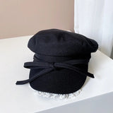 DAIIIBABYYY  -  Ins Niche Bow Lace Strap Flat Top Berets Cap Spring and Summer Travel Sweet Versatile Sun Protection Retro Newsboy Hats Women