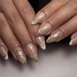 Daiiibabyyy  24Pcs Mid-length Almond False Nails with 3D Irregular Gilding Full Cover Nails Tips Cat's Eye Pearl Wearable Press on Fake Nails