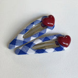 Daiiibabyyy  1PC Cute Blue And White Plaid Hair Clips With Red Heart Decor, 2 - Piece Sweet Hairpins, Lovely Hair Accessories For Girls