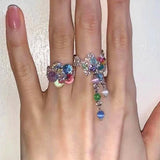 Daiiibabyyy  Y2K Aesthetics Colorful Crystal Beaded Tassel Ring for Women Sweet Cute Girls Charm Elastic Rings Korean Fashion Jewelry Gifts