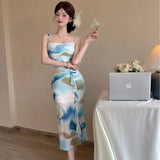 DAIIIBABYYY  -  Summer Boho Print Mesh Chic Ruffled Long Dress Women Elegant Bodycon Sling Sexy Dress 2025 Korean Fashion Luxury One Piece Dress