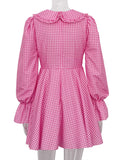 Daiiibabyyy Summer Short Dresses Women Sweet Pink Plaid Dress Female Elegant Peter Pan Collar Dress Ladies Casual Lantern Sleeve Vestidos