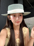 Daiiibabyyy  Women's Flat-Brimmed Straw Hat: Summer Woven Wide-Brimmed Flat-Brimmed Formal Hat, Soft Beach Holiday Hat