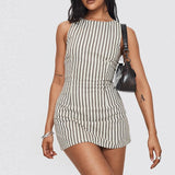 Daiiibabyyy  Lady O Neck Hollow Sleeveless A-line Dress Summer Minimalist Striped Slim Office Dress New Casual Lace Up High Waist Short Dress