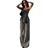 Daiiibabyyy  Summer New Style Lace Patchwork Plaid Long Pants Two-Piece Set Women's Comfortable Casual Outfit Breathable Polyester